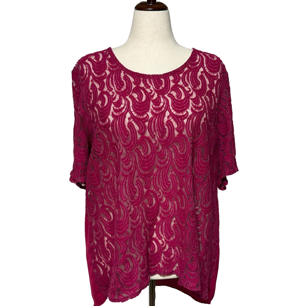 Catherines Top Womens 2X-22-24W‎ Fuchsia Pink Lace Overlay Semi Sheer Career